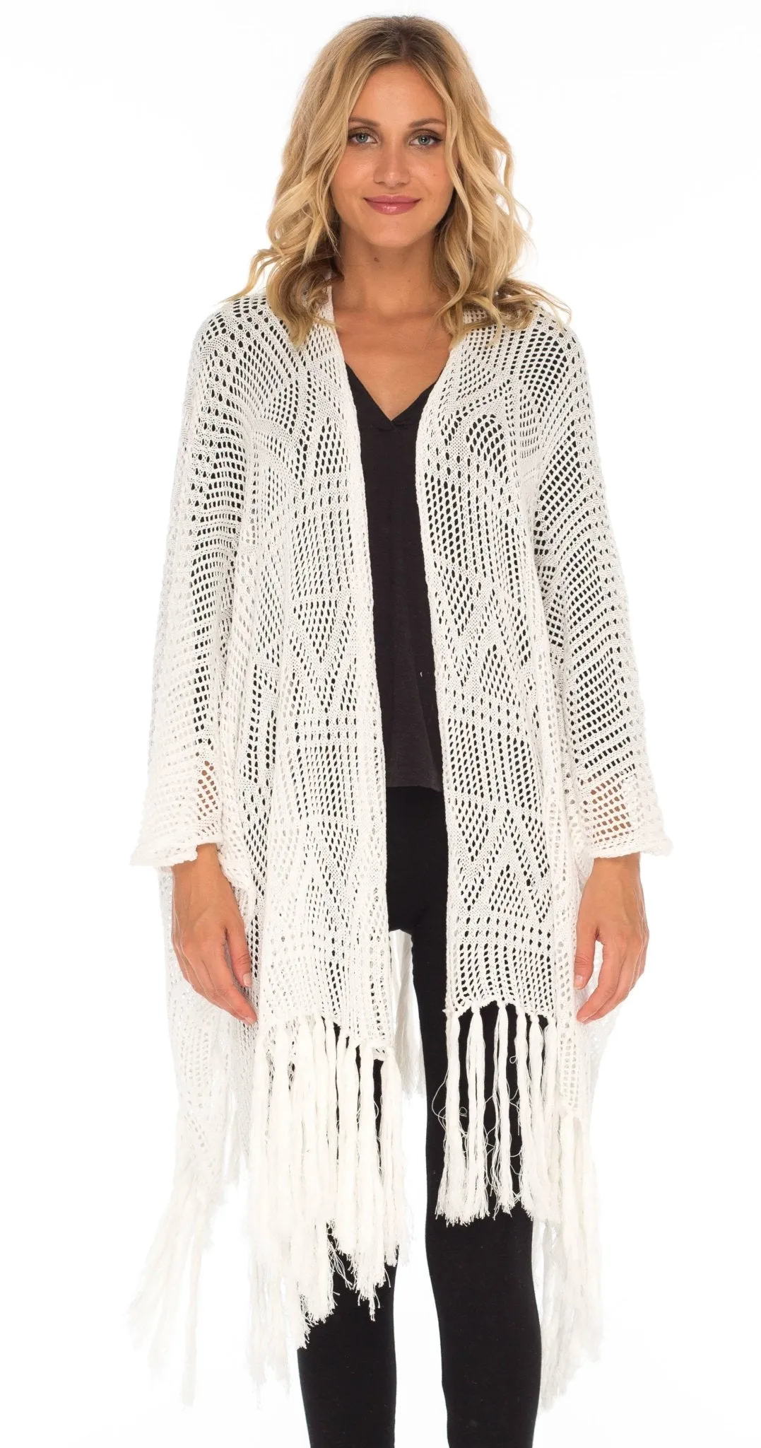 SHU-SHI Womens Fringed Knit Open Front Kimono Shawl Wraps Long Cardigan Beach Cover Up