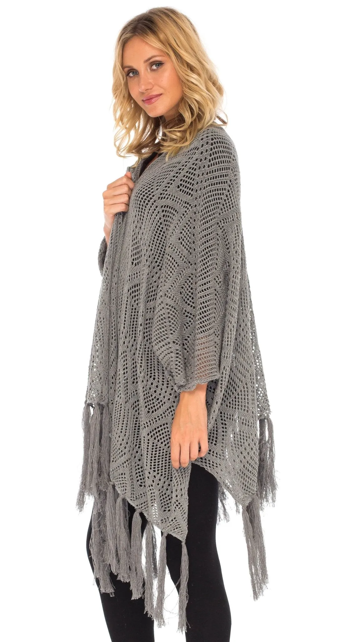 SHU-SHI Womens Fringed Knit Open Front Kimono Shawl Wraps Long Cardigan Beach Cover Up