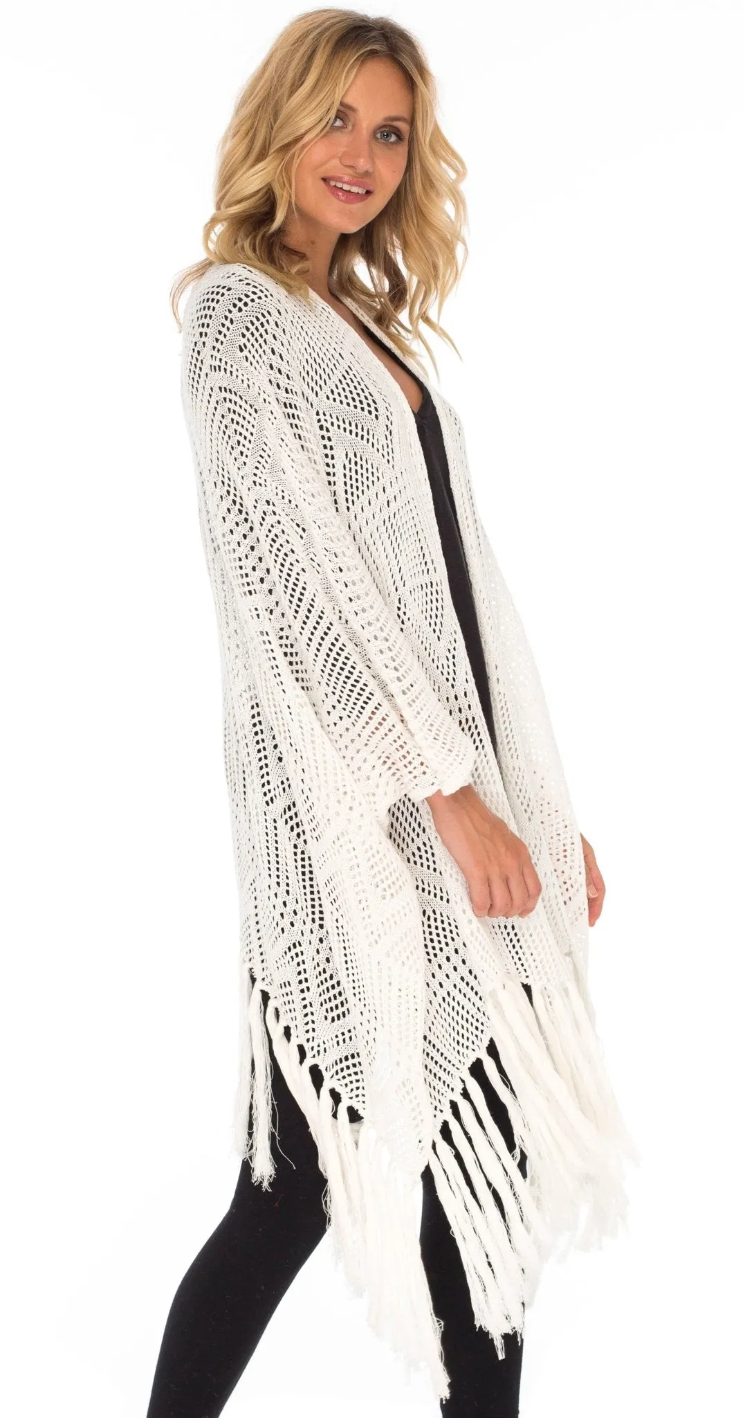 SHU-SHI Womens Fringed Knit Open Front Kimono Shawl Wraps Long Cardigan Beach Cover Up