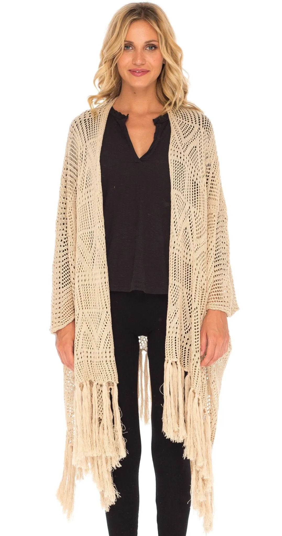 SHU-SHI Womens Fringed Knit Open Front Kimono Shawl Wraps Long Cardigan Beach Cover Up