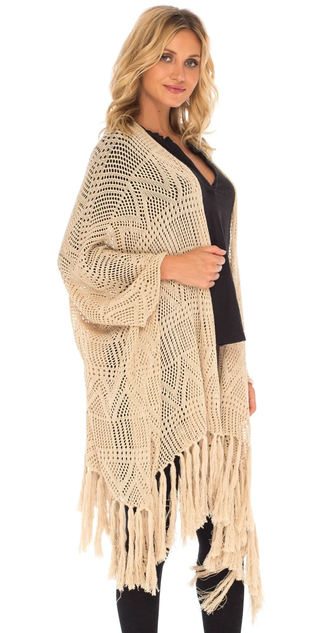 SHU-SHI Womens Fringed Knit Open Front Kimono Shawl Wraps Long Cardigan Beach Cover Up