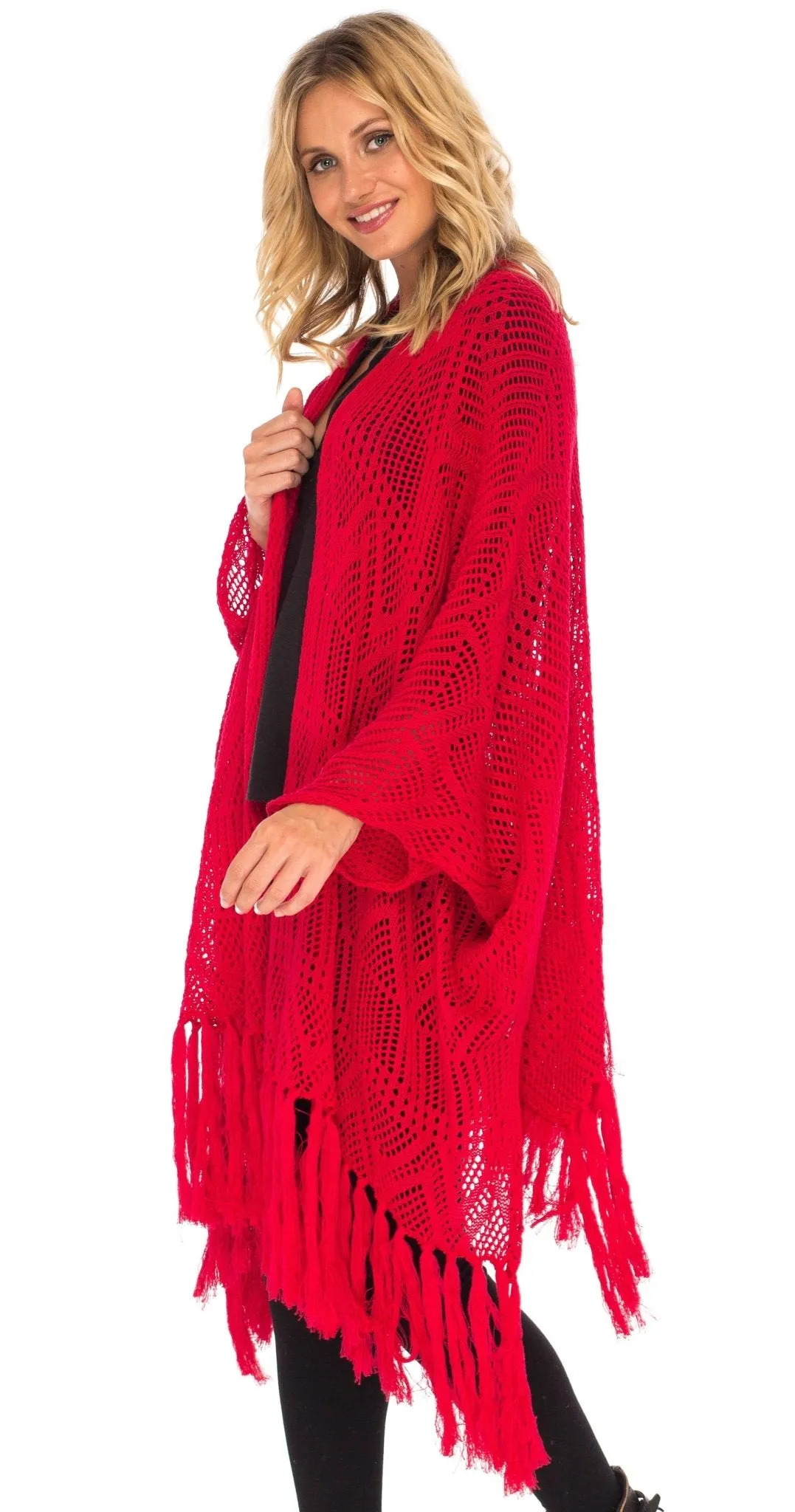 SHU-SHI Womens Fringed Knit Open Front Kimono Shawl Wraps Long Cardigan Beach Cover Up