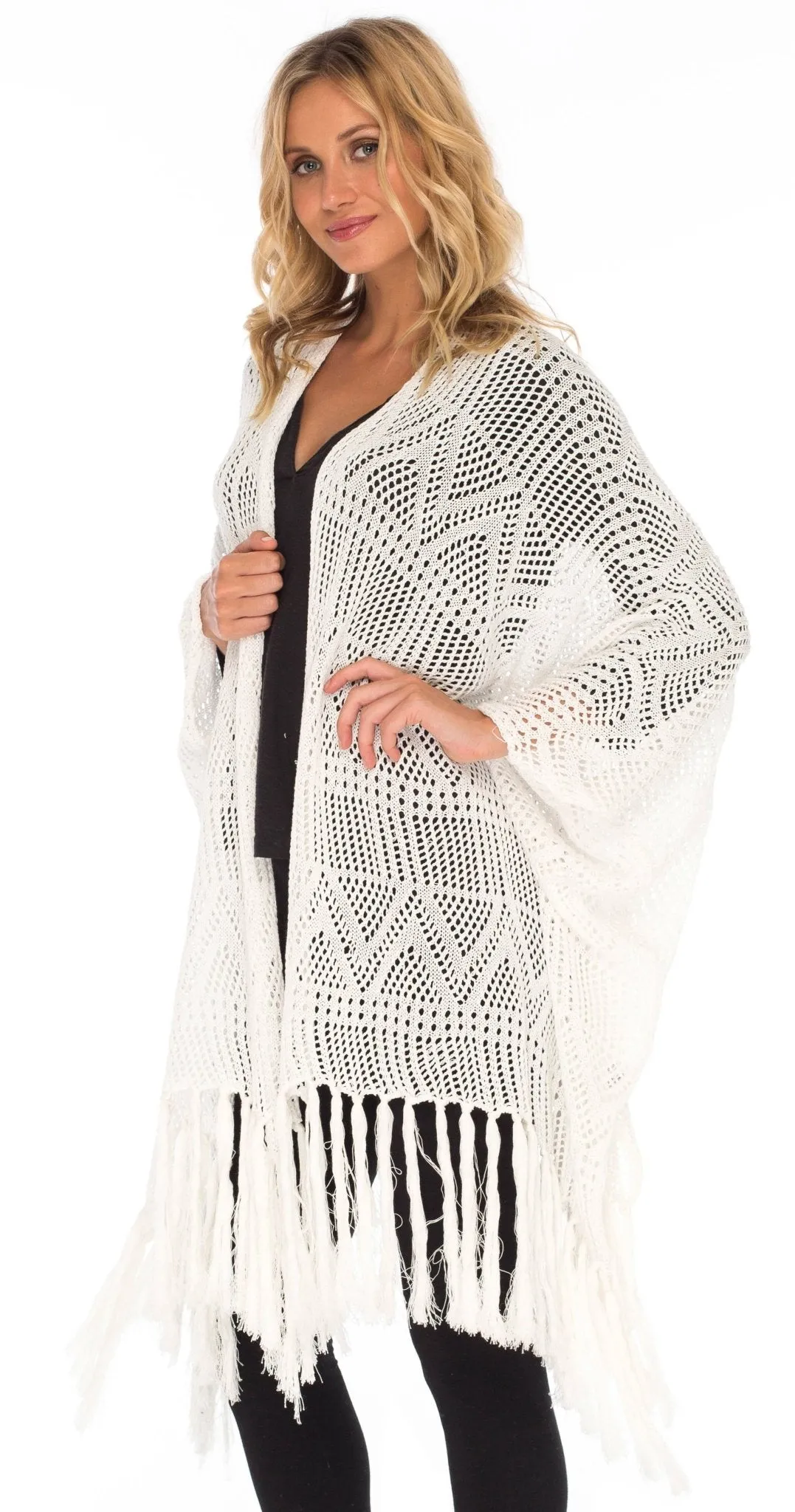 SHU-SHI Womens Fringed Knit Open Front Kimono Shawl Wraps Long Cardigan Beach Cover Up