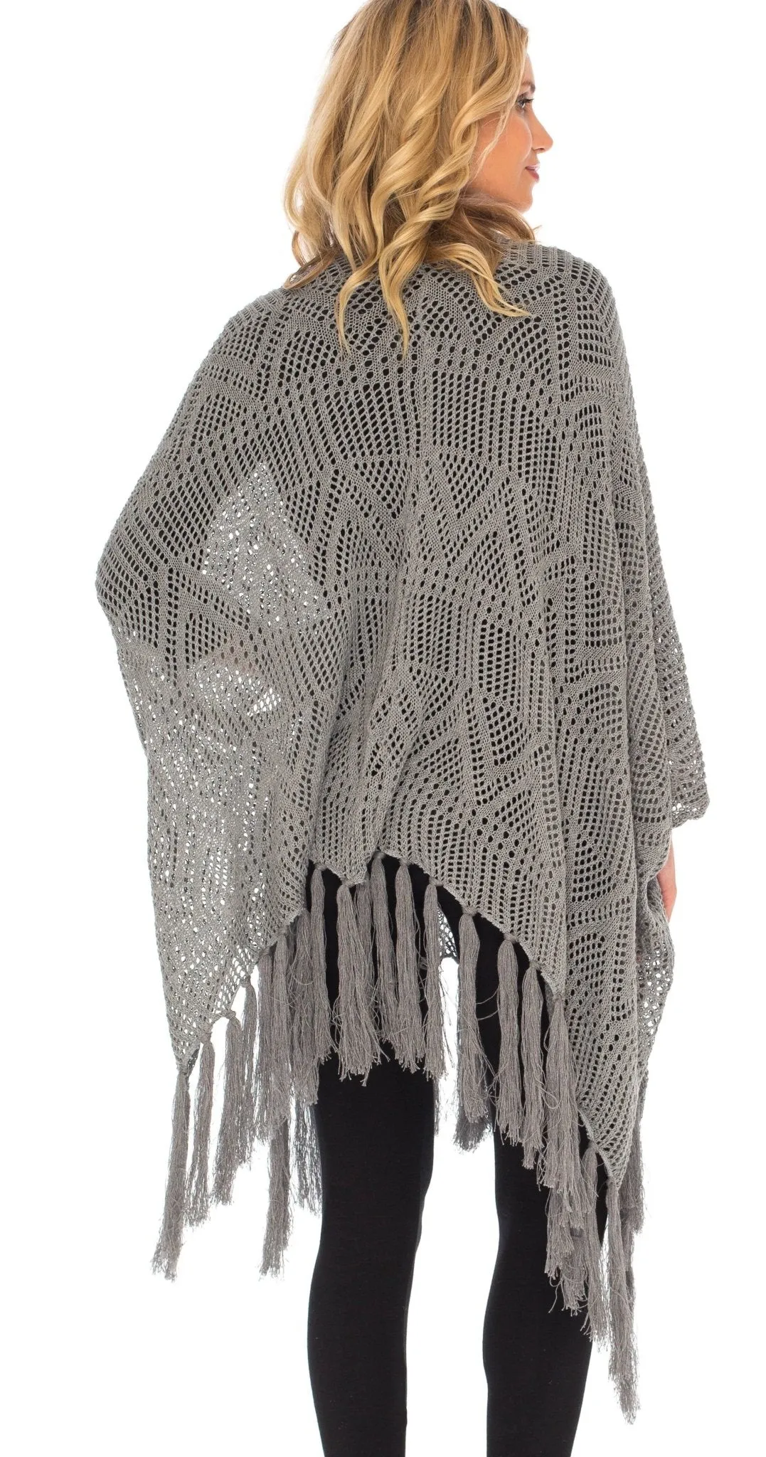 SHU-SHI Womens Fringed Knit Open Front Kimono Shawl Wraps Long Cardigan Beach Cover Up