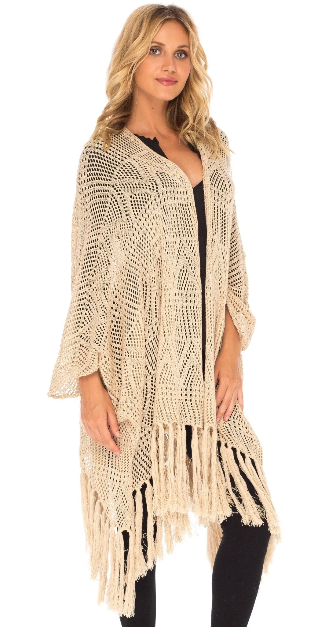 SHU-SHI Womens Fringed Knit Open Front Kimono Shawl Wraps Long Cardigan Beach Cover Up