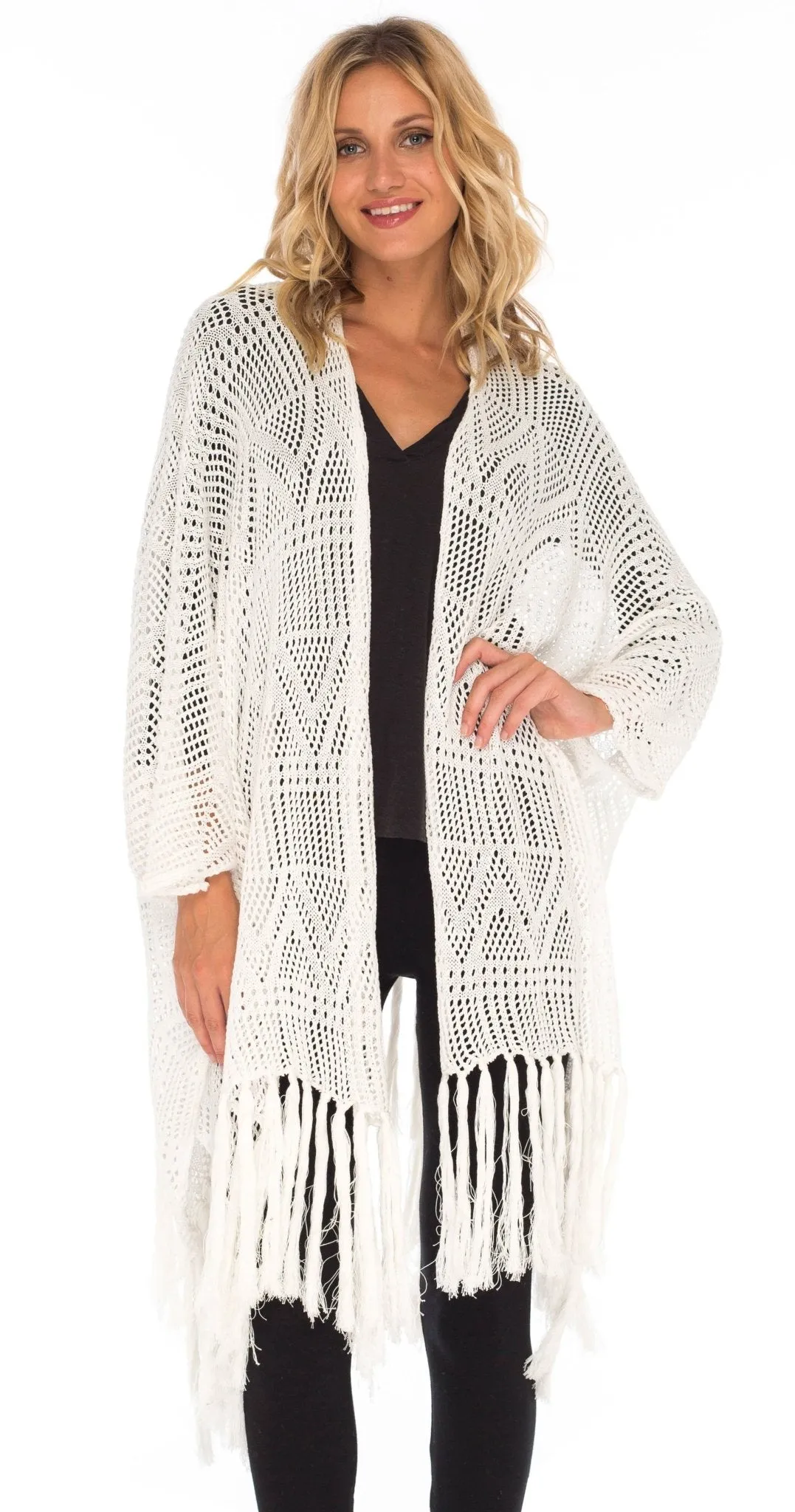 SHU-SHI Womens Fringed Knit Open Front Kimono Shawl Wraps Long Cardigan Beach Cover Up