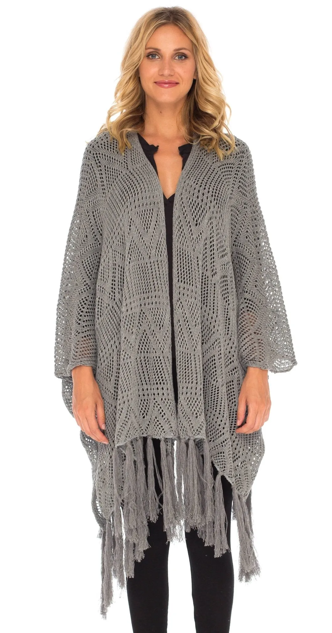 SHU-SHI Womens Fringed Knit Open Front Kimono Shawl Wraps Long Cardigan Beach Cover Up