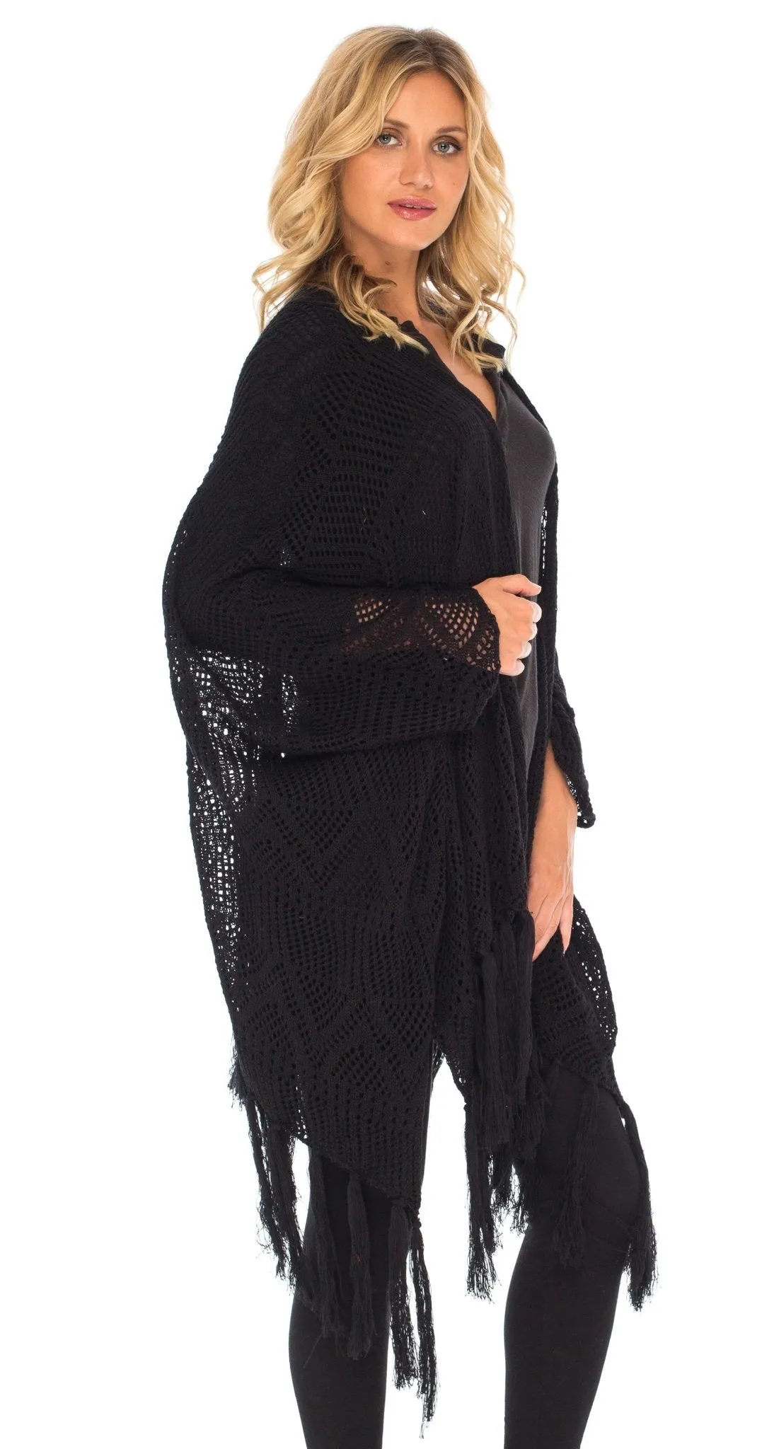 SHU-SHI Womens Fringed Knit Open Front Kimono Shawl Wraps Long Cardigan Beach Cover Up