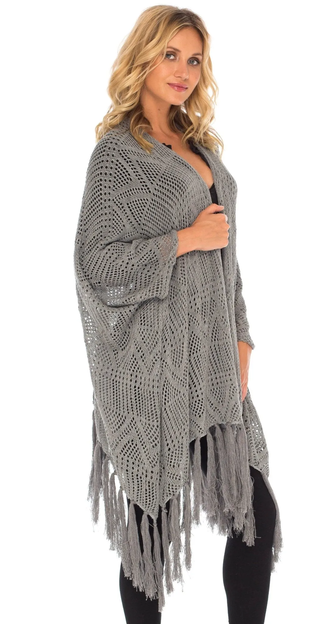 SHU-SHI Womens Fringed Knit Open Front Kimono Shawl Wraps Long Cardigan Beach Cover Up