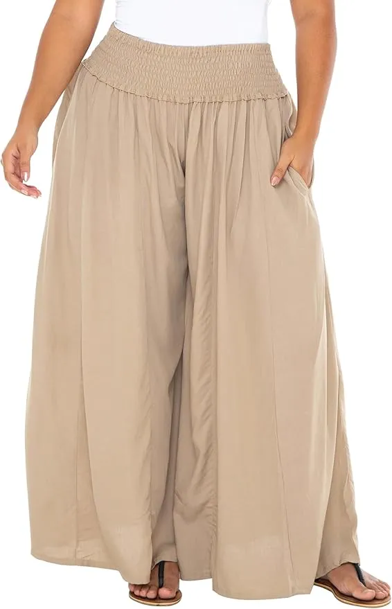 SHU-SHI Women's Palazzo Flowy Summer Pants - Wide Leg Lounge Trousers with Elastic Waist and Side Pockets - Tan