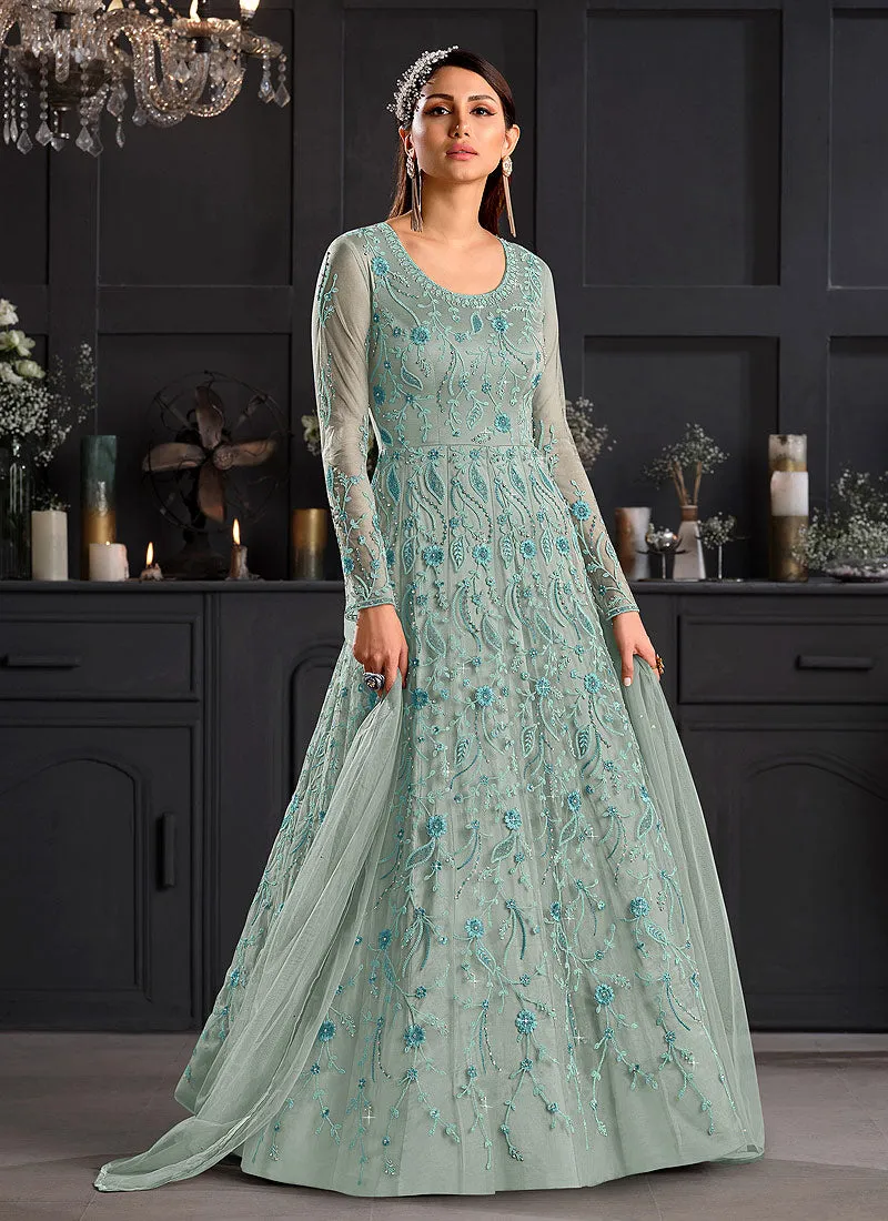 Sky Blue Floral Embroidered Indian Designer Anarkali