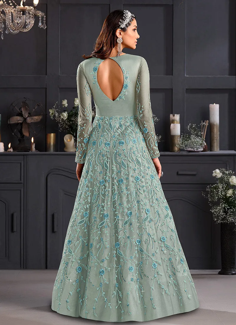 Sky Blue Floral Embroidered Indian Designer Anarkali