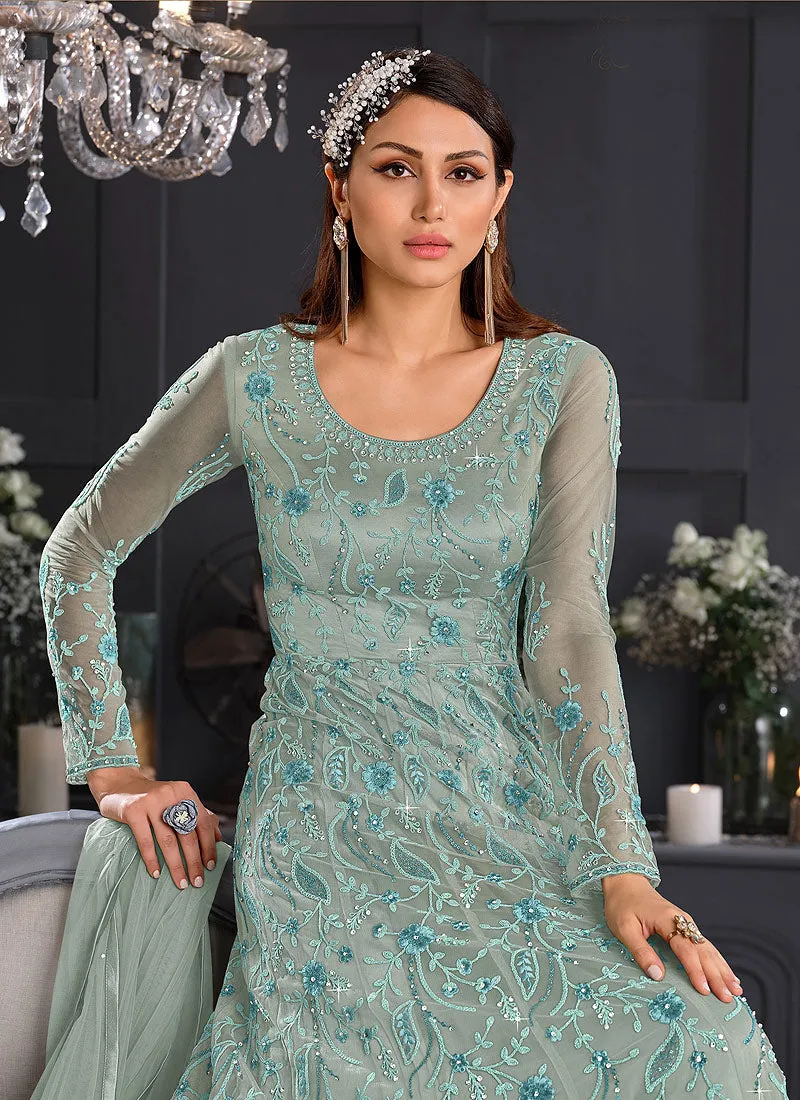 Sky Blue Floral Embroidered Indian Designer Anarkali