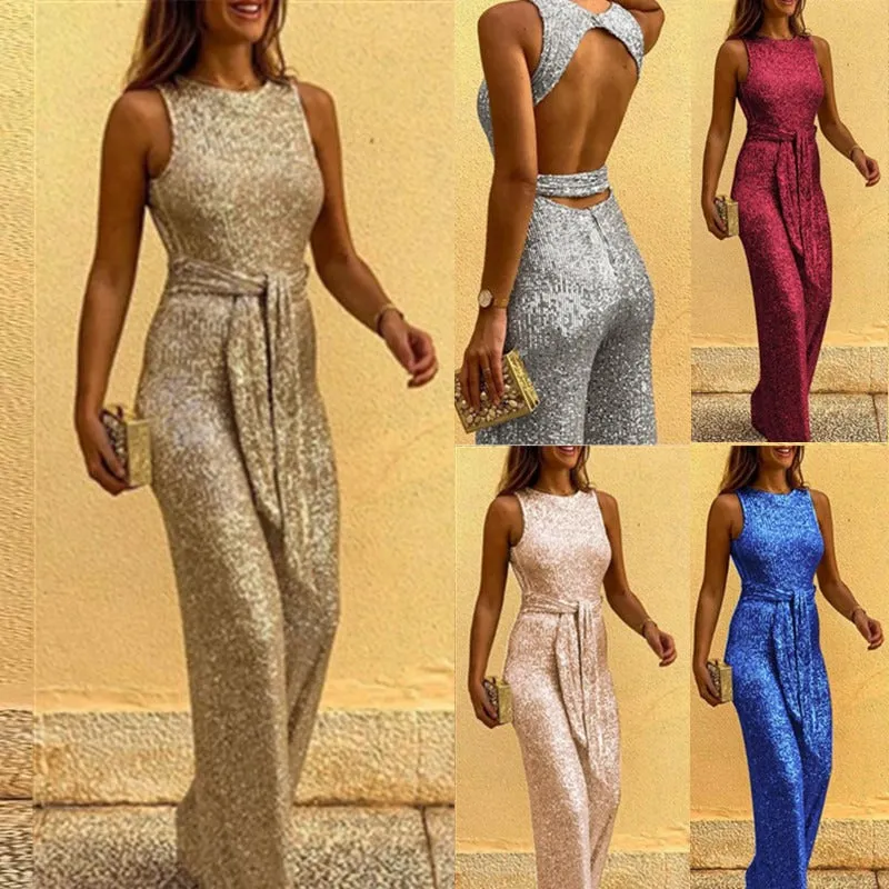 Sleeveless Sparkle Sequin Jumpsuit - Fern and Oak