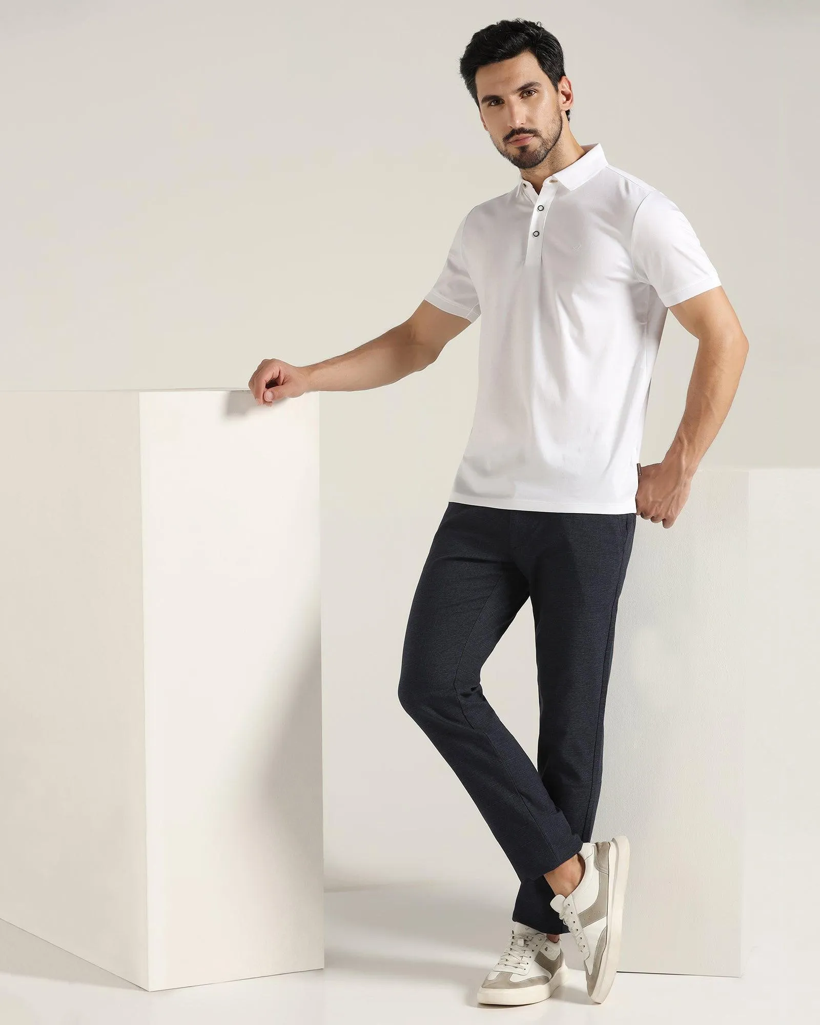 Slim Fit B-91 Casual Navy Check Khakis - Ramie