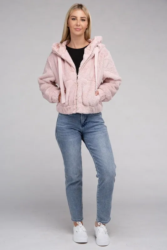 Soft Pink Zip-Up Relaxed Fit Teddy Insulated Hoodie