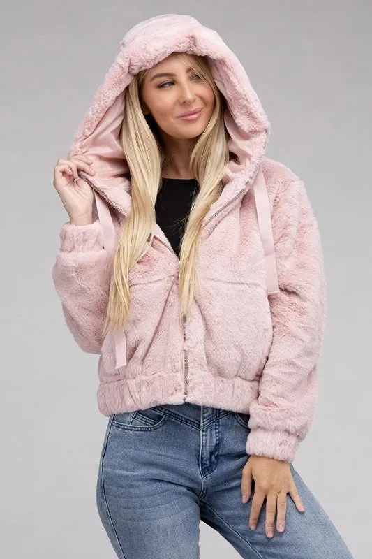 Soft Pink Zip-Up Relaxed Fit Teddy Insulated Hoodie