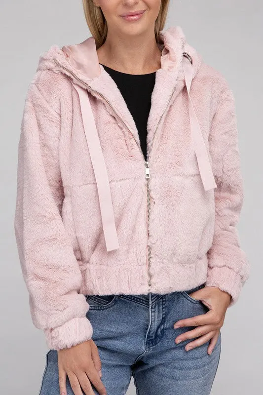 Soft Pink Zip-Up Relaxed Fit Teddy Insulated Hoodie