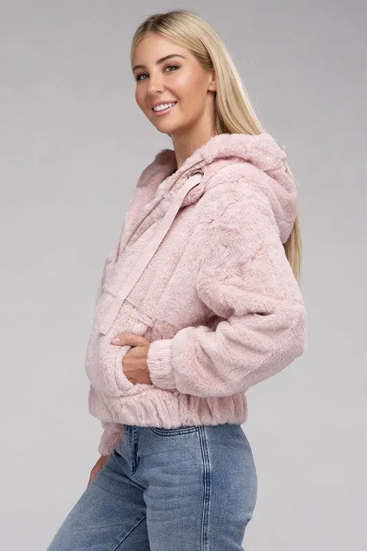 Soft Pink Zip-Up Relaxed Fit Teddy Insulated Hoodie