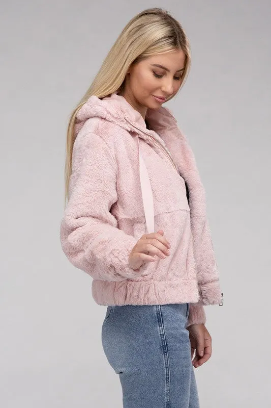 Soft Pink Zip-Up Relaxed Fit Teddy Insulated Hoodie