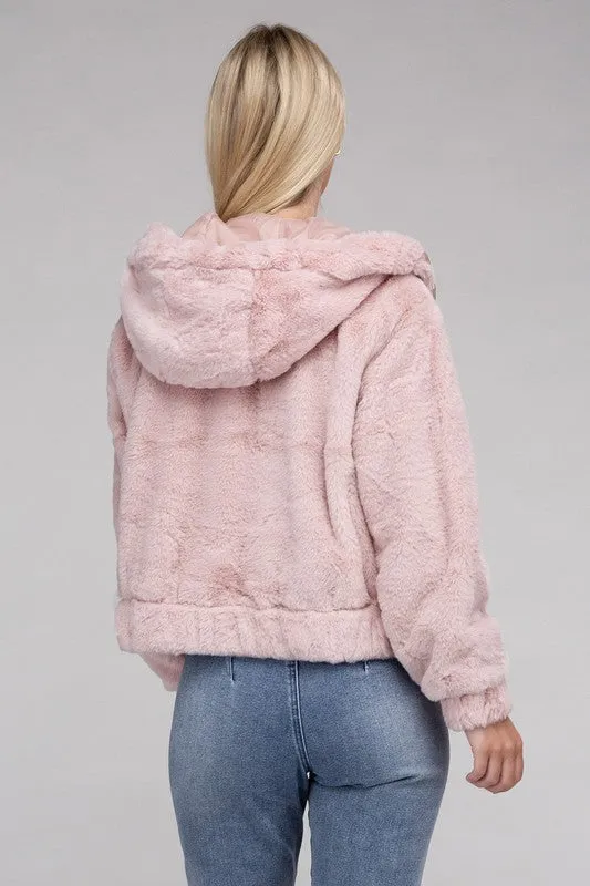 Soft Pink Zip-Up Relaxed Fit Teddy Insulated Hoodie