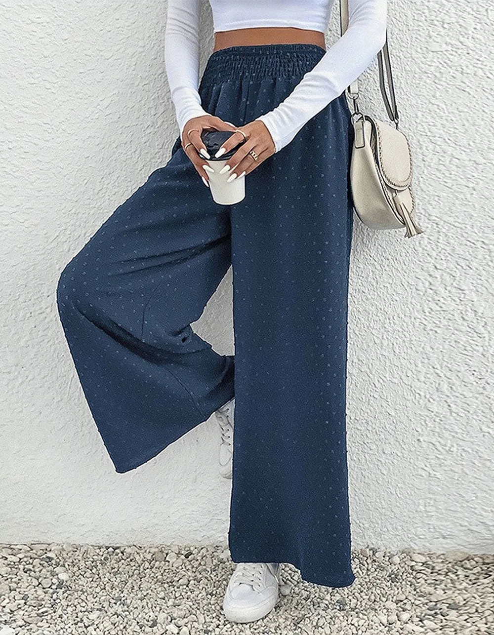 Solid-color Jacquard Mid-Waist Wide Leg Pants