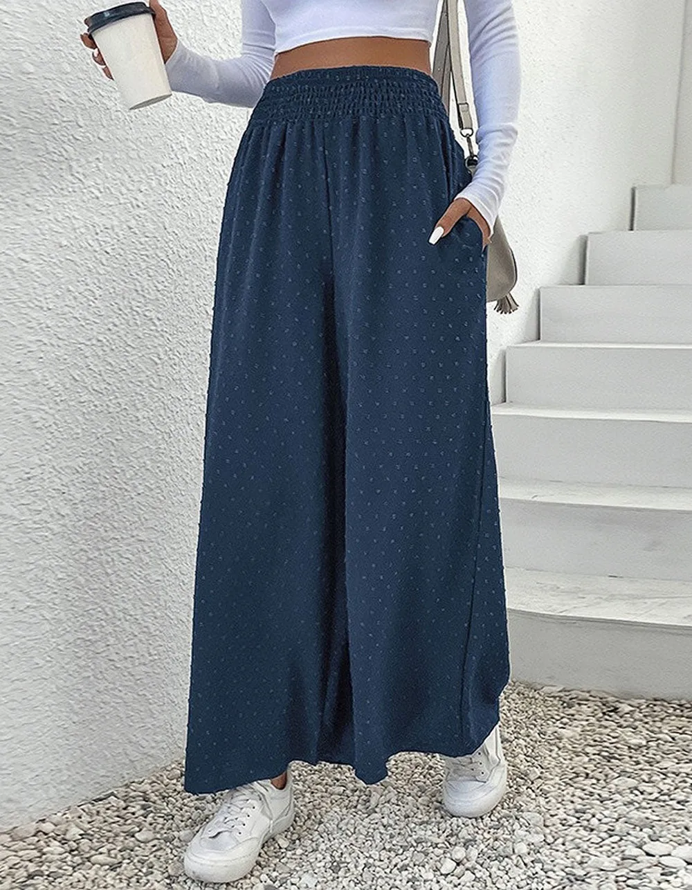 Solid-color Jacquard Mid-Waist Wide Leg Pants