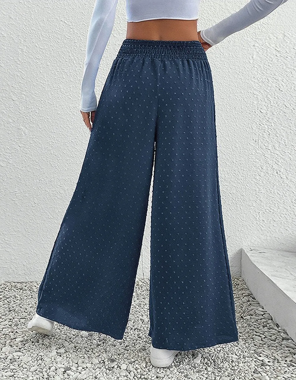 Solid-color Jacquard Mid-Waist Wide Leg Pants