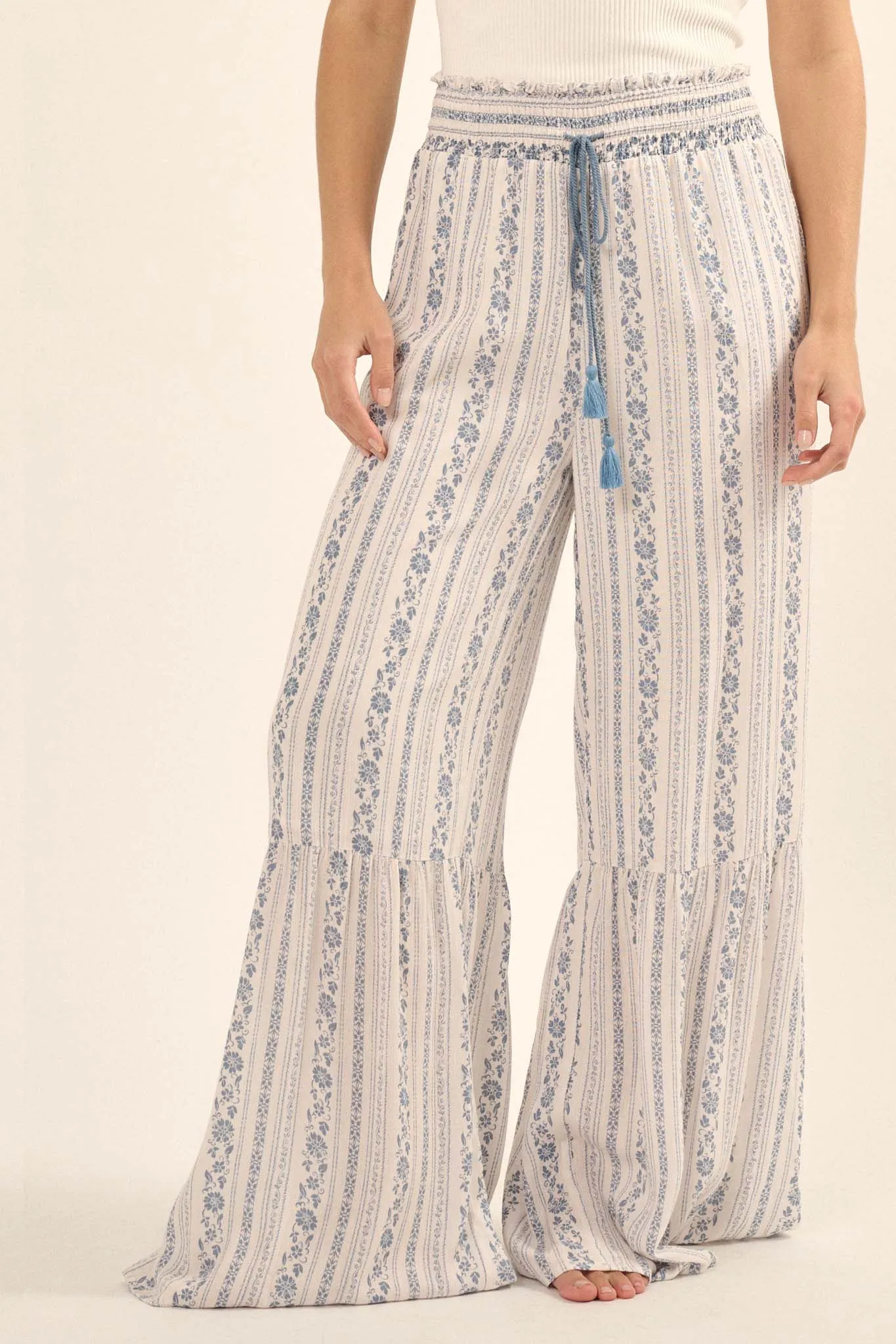 Spring Fever Floral-Stripe Ruffled Wide-Leg Pants