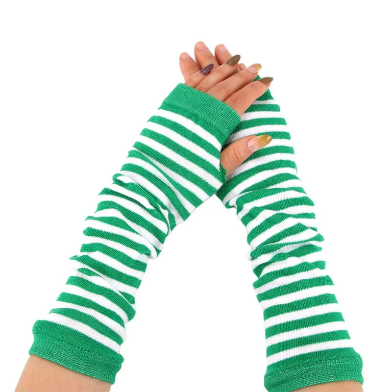 Striped Pattern Fingerless Long Stretchy Elbow Warmer Gloves