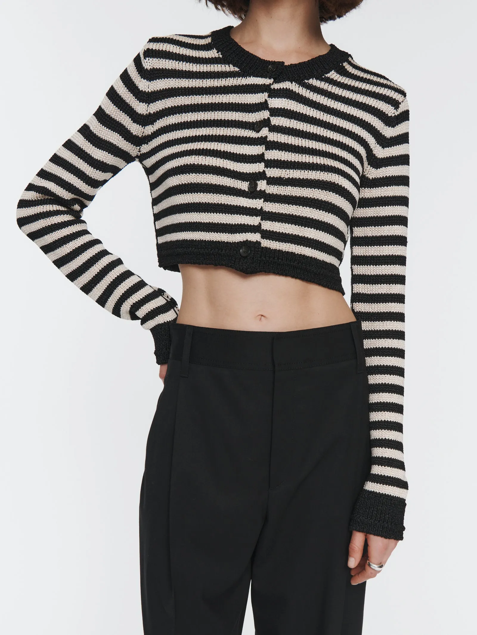 Striped Shrunken Cardigan in Black & Eggshell