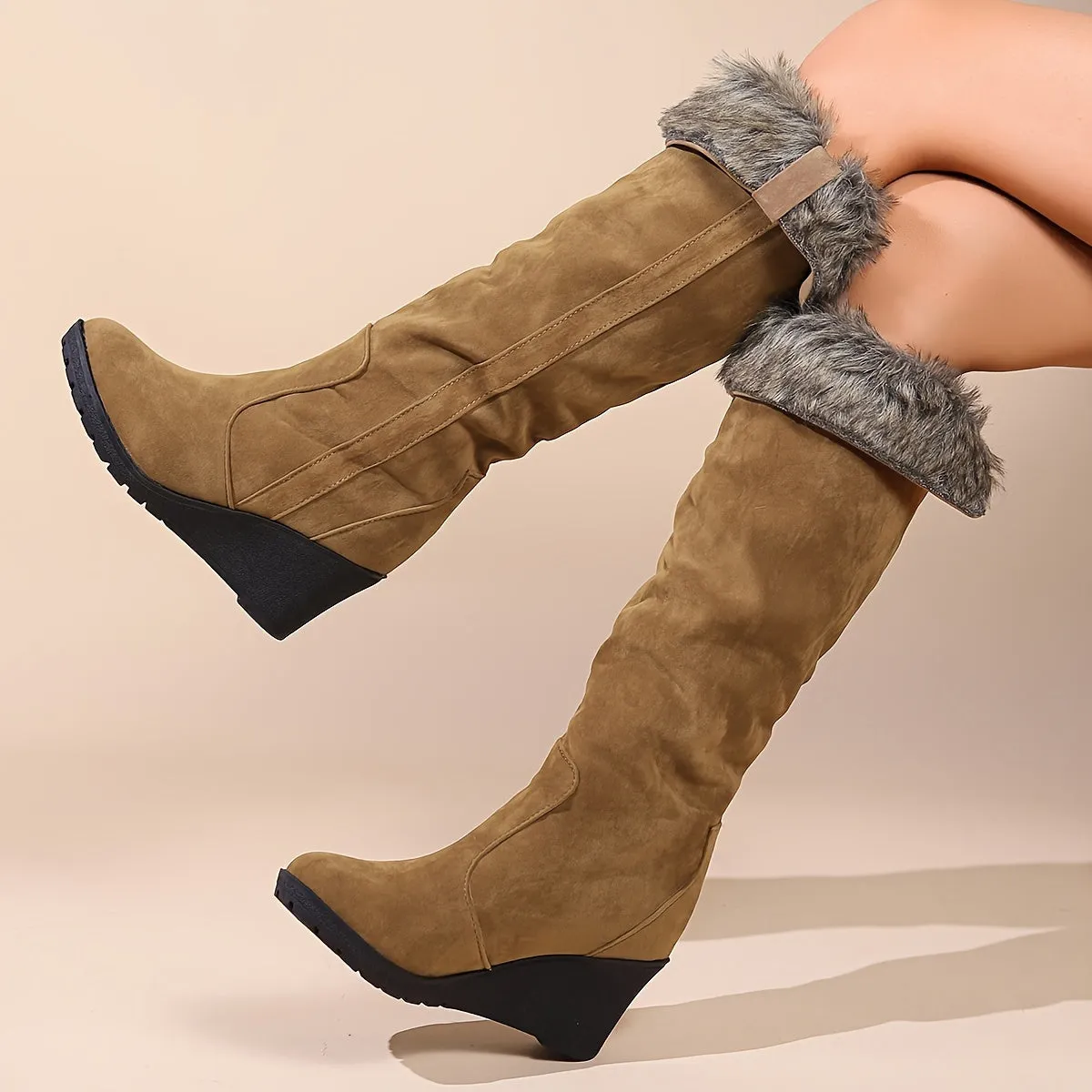 Stylish Winter Comfort: Women's Thermal Knee-High Suedette Boots with Faux Fur, Comfy Platform Heel & Easy Slip-On