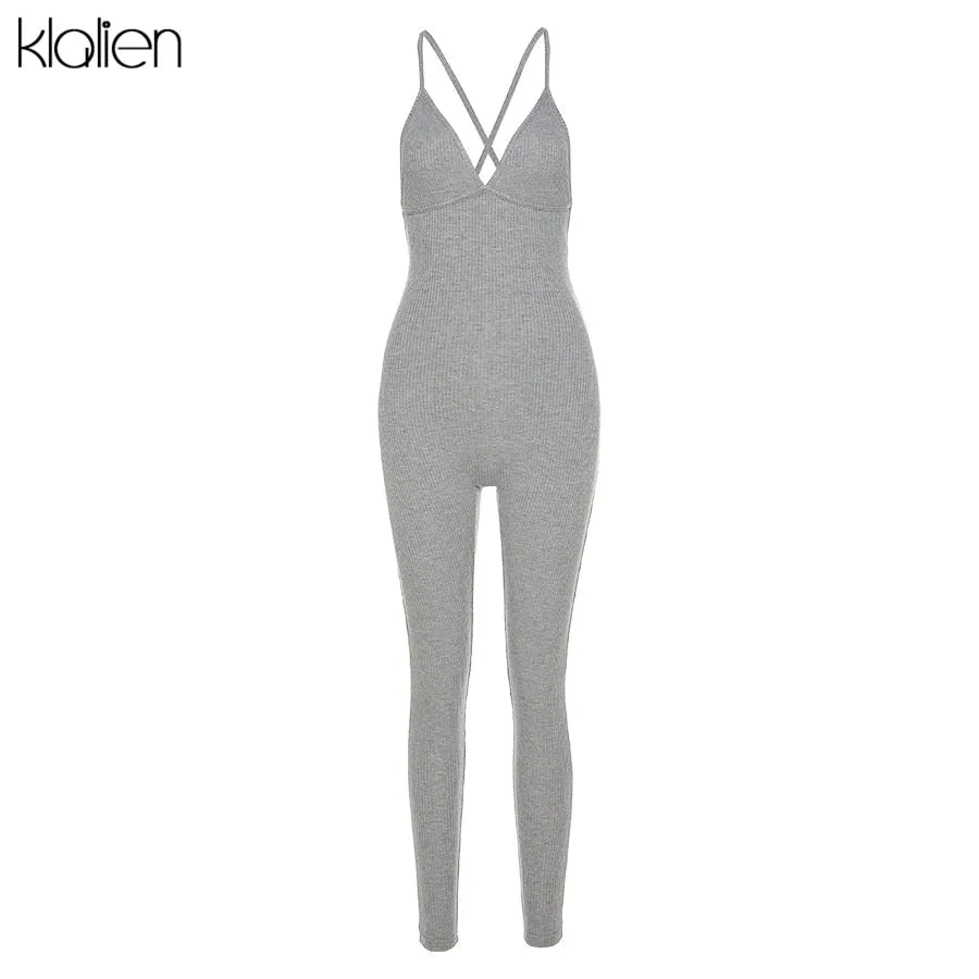 Summer Casual Sport Fitness Streetwear Jumpsuit Sexy V Neck Backless Skinny Elastic Jumpsuit Yoga Outfit