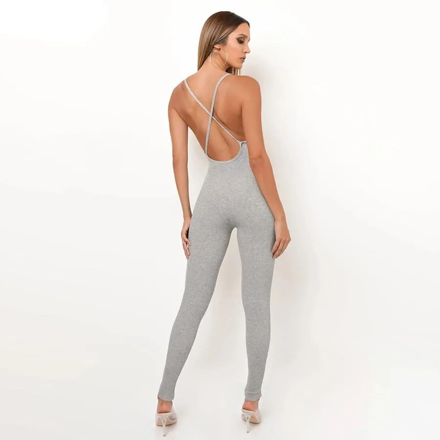 Summer Casual Sport Fitness Streetwear Jumpsuit Sexy V Neck Backless Skinny Elastic Jumpsuit Yoga Outfit