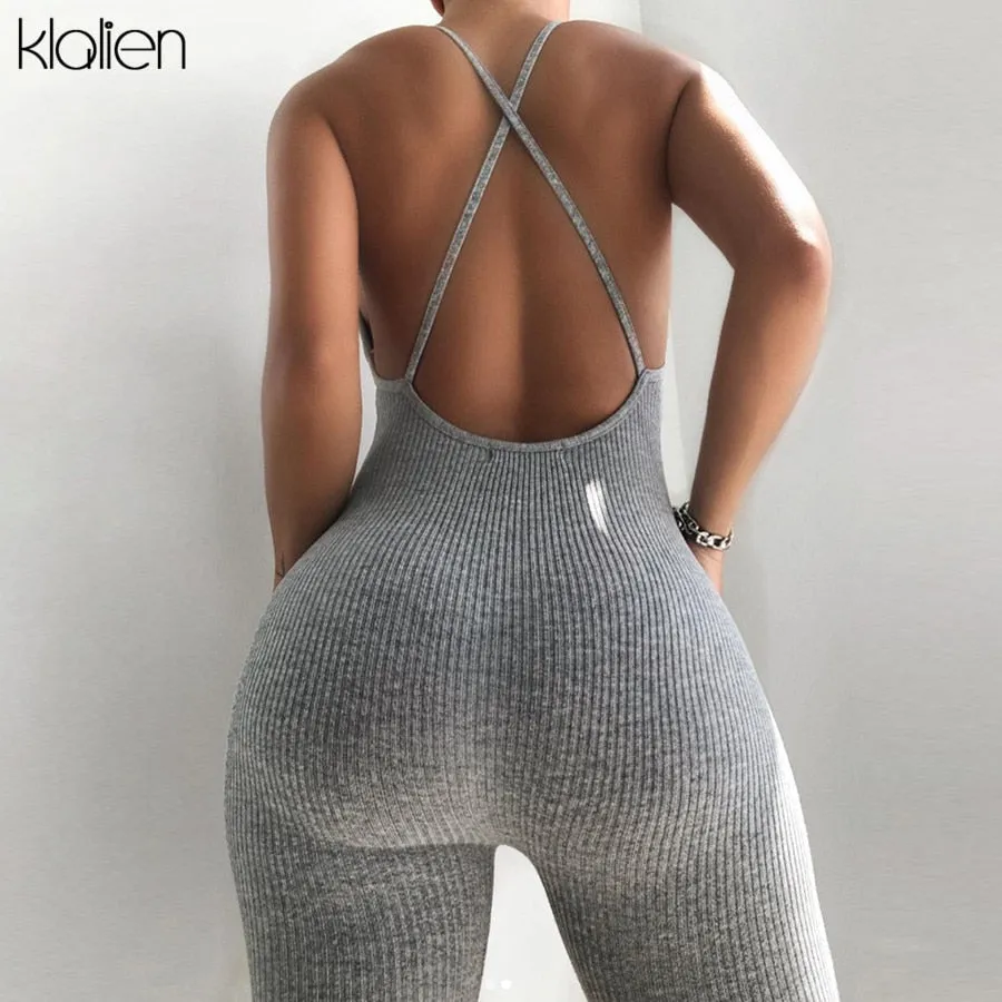 Summer Casual Sport Fitness Streetwear Jumpsuit Sexy V Neck Backless Skinny Elastic Jumpsuit Yoga Outfit