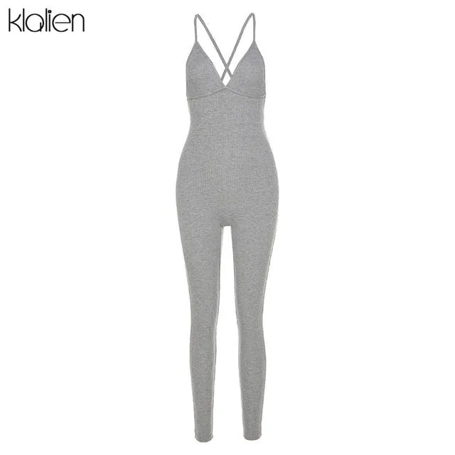 Summer Casual Sport Fitness Streetwear Jumpsuit Sexy V Neck Backless Skinny Elastic Jumpsuit Yoga Outfit