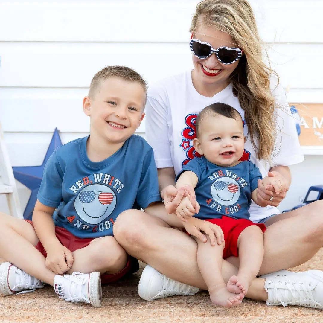 SWE Red, White, and Cool Patriotic Smiley Short Sleeve Bodysuit