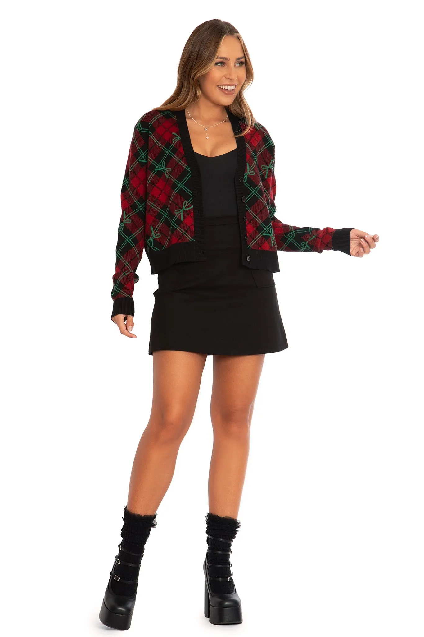 Tartan Bow Cropped Cardigan