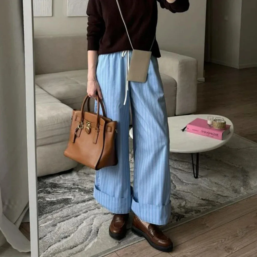 TAVIMART  -  Women's Casual Striped Print Straight Pants y2k Clothes Drawstring Elastic Waist Loose Wide Leg Pants Trousers with Pockets