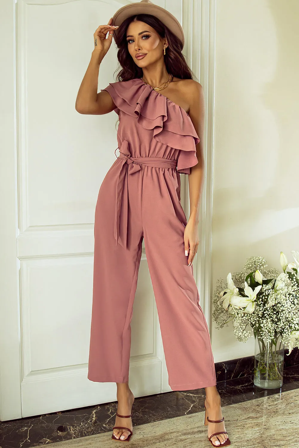 TEEK - Light Mauve Ruffled Tied One-Shoulder Jumpsuit