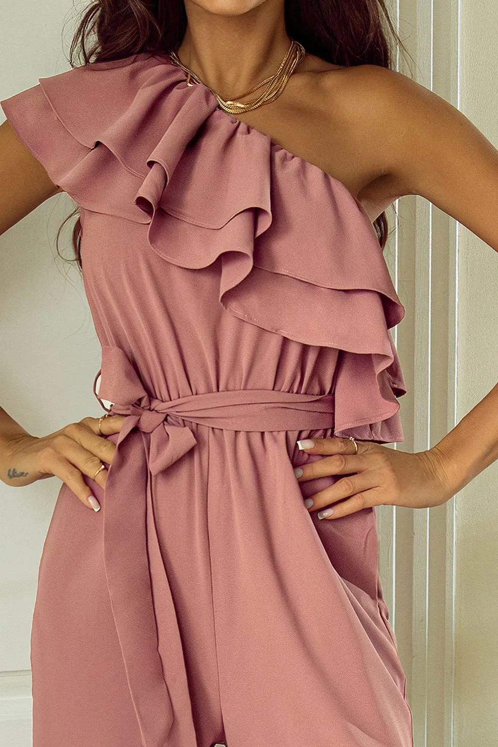 TEEK - Light Mauve Ruffled Tied One-Shoulder Jumpsuit