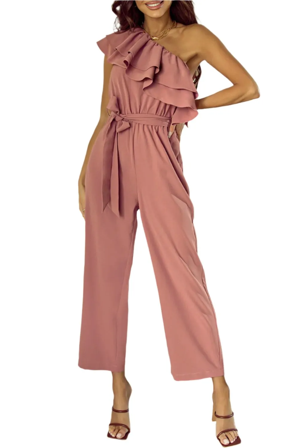 TEEK - Light Mauve Ruffled Tied One-Shoulder Jumpsuit