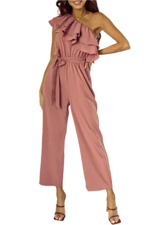 TEEK - Light Mauve Ruffled Tied One-Shoulder Jumpsuit