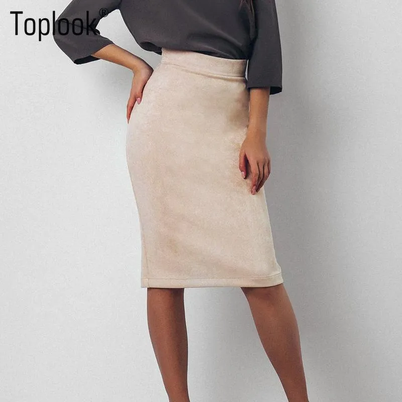 Toplook Split Vintage Suede Bodycon Skirt High Waist Women Knee Length Pencil Skirt Solid OL Office Elegant Skirts Womens 2017