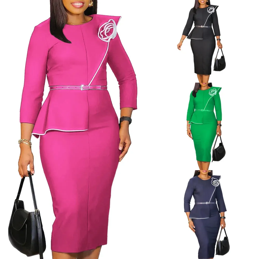 Toya's O Neck Long Sleeve Knee Length Formal Work Straight Career Skirt Sets