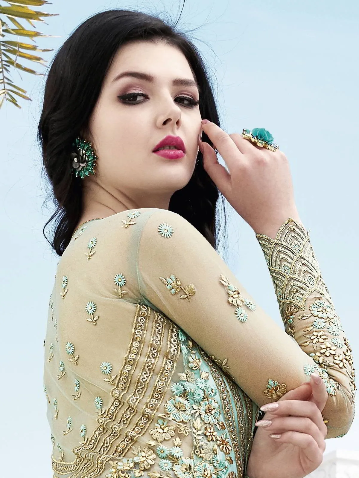 Turquoise And Green Embroidered Anarkali Lehenga And Pant Suit