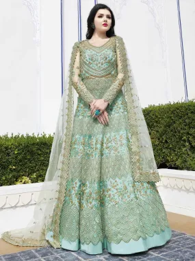 Turquoise And Green Embroidered Anarkali Lehenga And Pant Suit