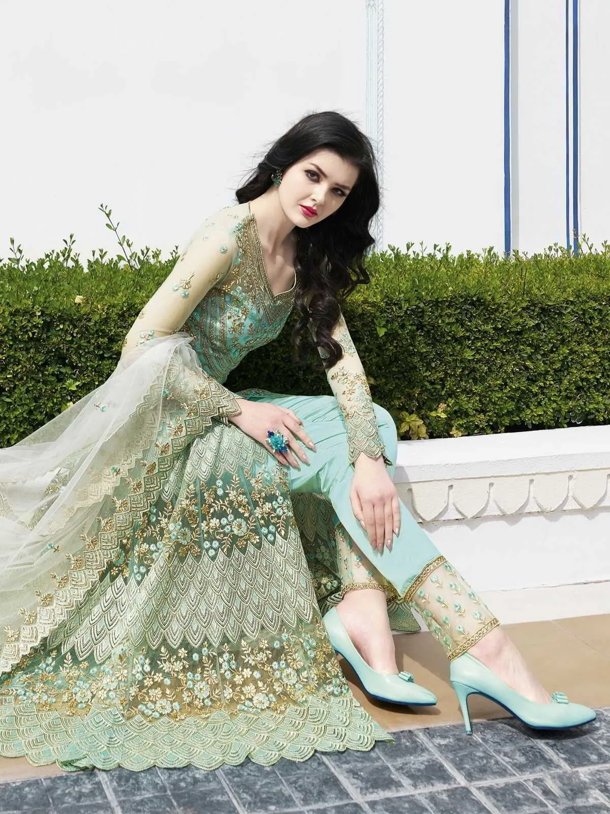 Turquoise And Green Embroidered Anarkali Lehenga And Pant Suit