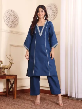 Varanga Women Navy Blue Floral Thread And Zari Embroidered Panelled Kurta With Trousers