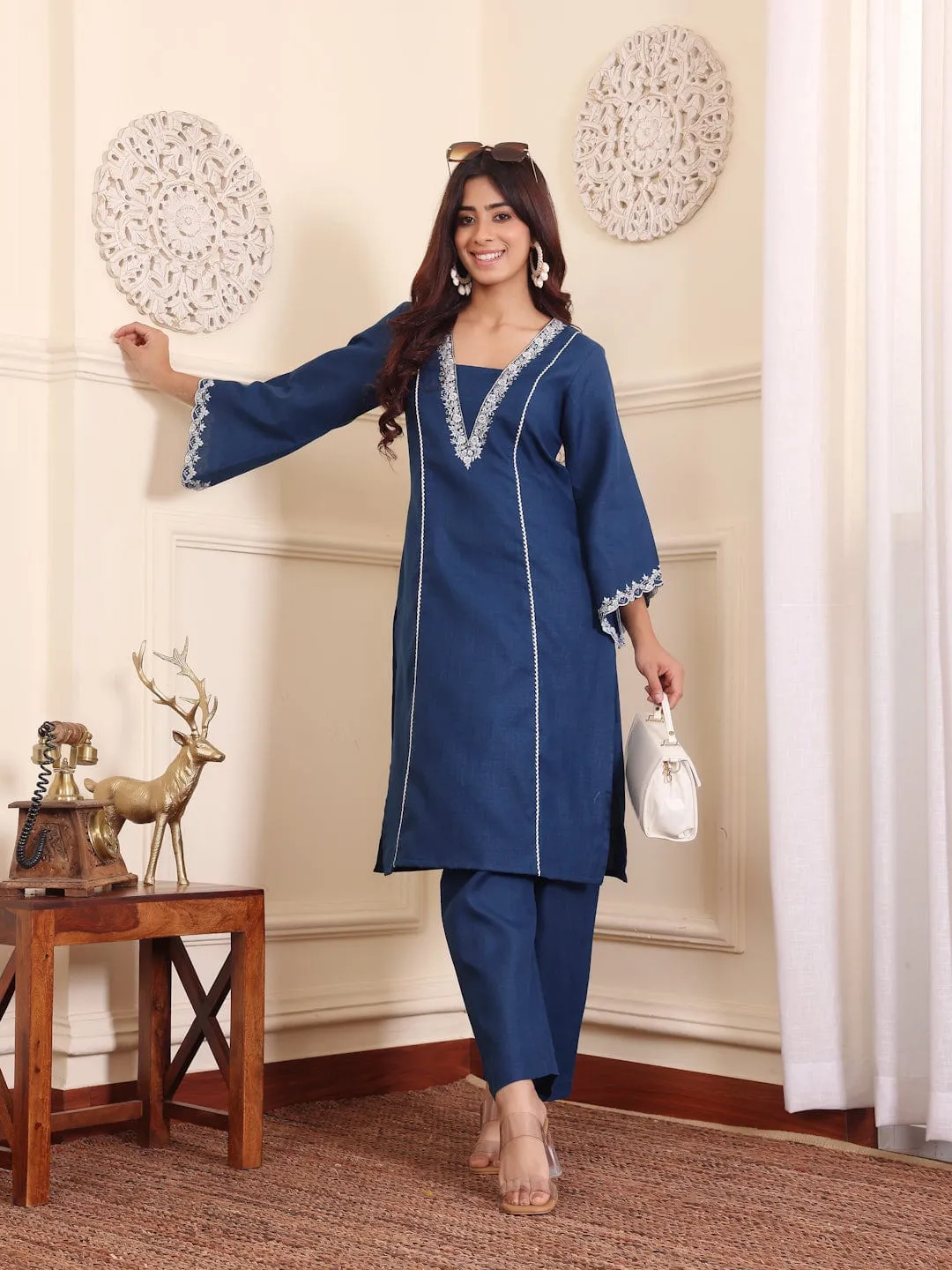 Varanga Women Navy Blue Floral Thread And Zari Embroidered Panelled Kurta With Trousers